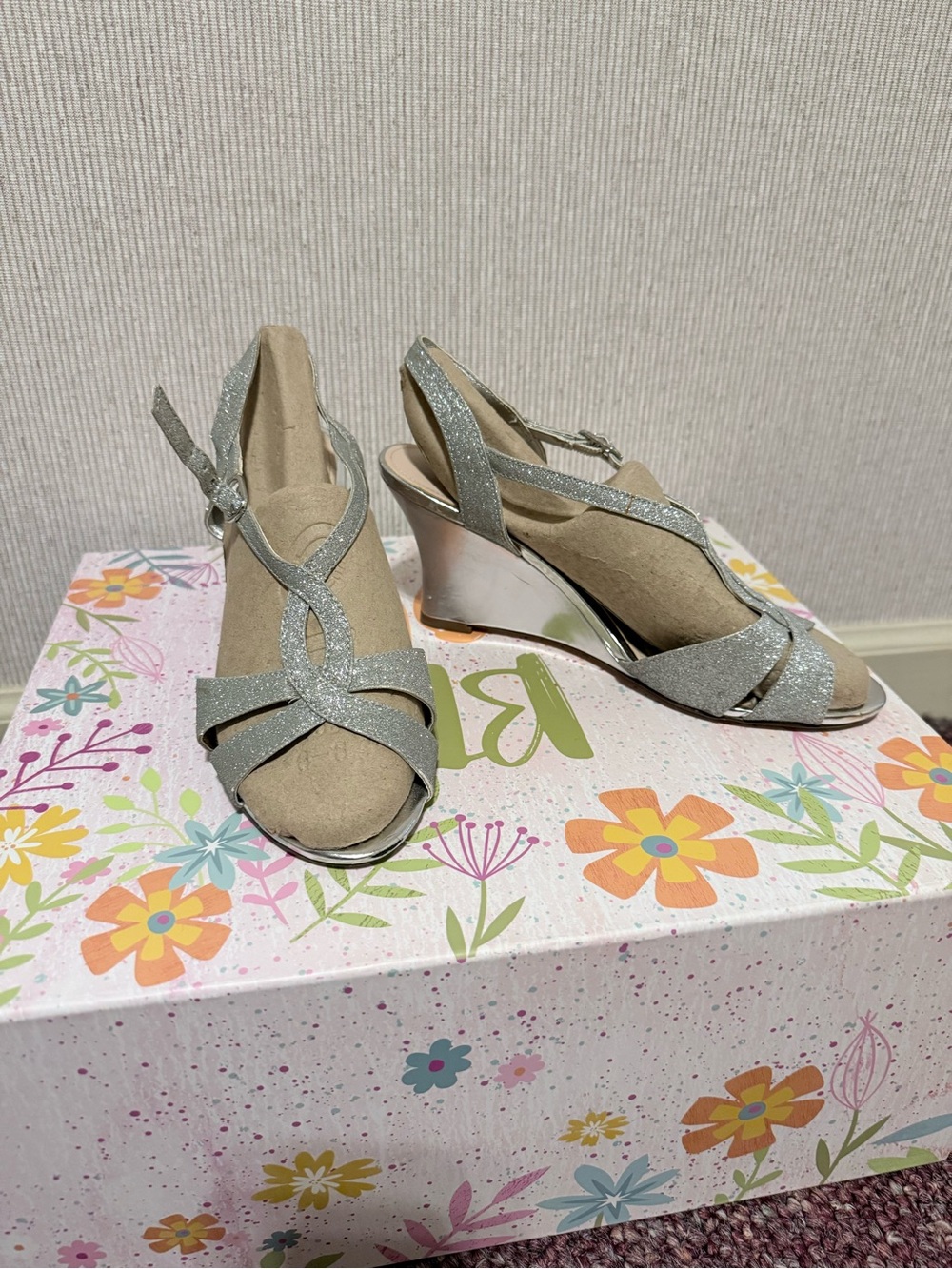 Silver Glitter Wedge Sandals - Women's Open Toe Slingback